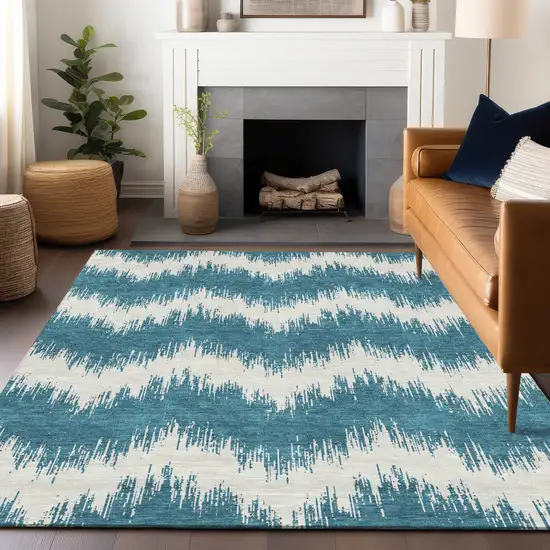 Teal Blue And Ivory Chevron Washable Indoor Outdoor Area Rug Photo 8