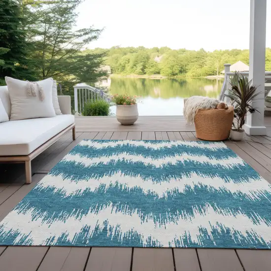 Teal Blue And Ivory Chevron Washable Indoor Outdoor Area Rug Photo 7