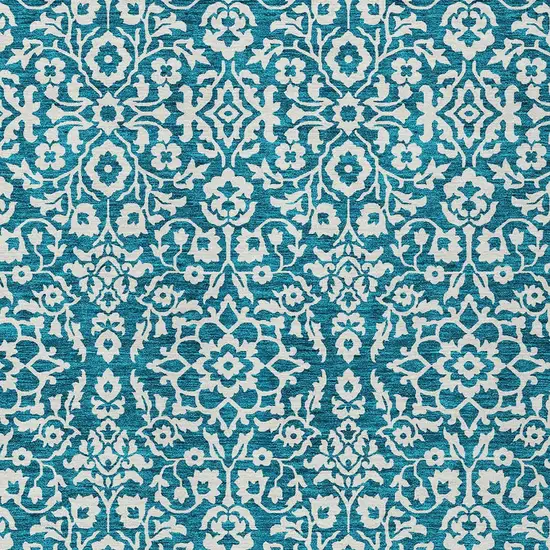Teal Blue And Ivory Damask Washable Indoor Outdoor Area Rug Photo 5