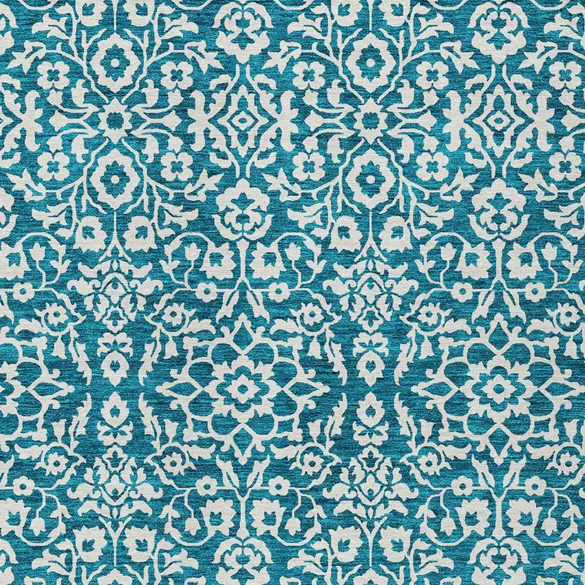 Teal Blue And Ivory Damask Washable Indoor Outdoor Area Rug Photo 5