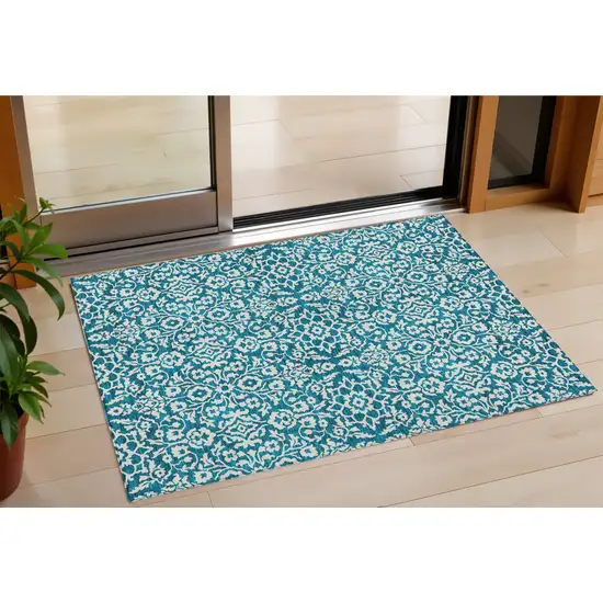 Teal Blue And Ivory Damask Washable Indoor Outdoor Area Rug Photo 1