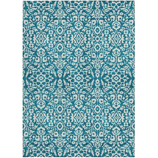 Teal Blue And Ivory Damask Washable Indoor Outdoor Area Rug Photo 6