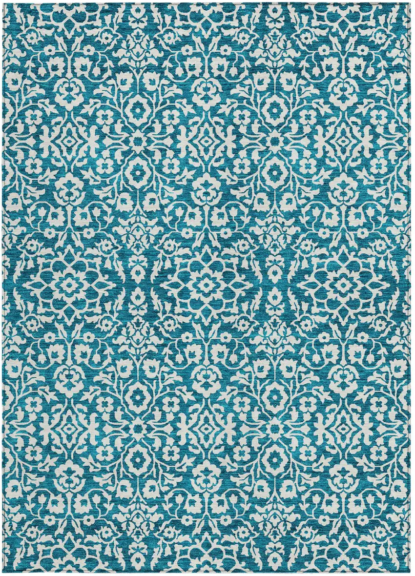Teal Blue And Ivory Damask Washable Indoor Outdoor Area Rug Photo 6