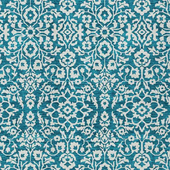 Teal Blue And Ivory Damask Washable Indoor Outdoor Area Rug Photo 5