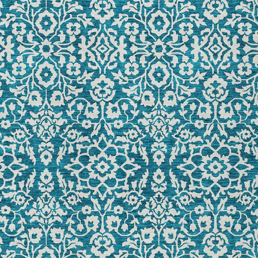 Teal Blue And Ivory Damask Washable Indoor Outdoor Area Rug Photo 5