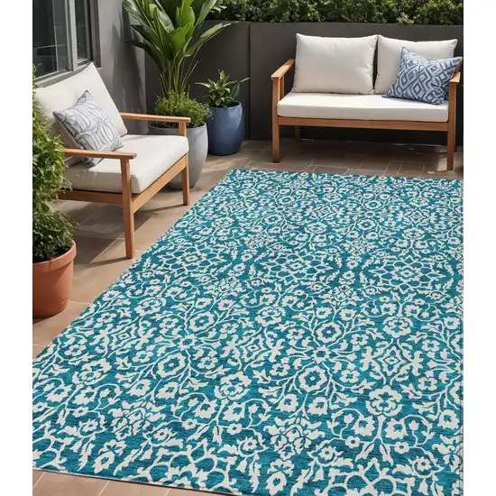 Teal Blue And Ivory Damask Washable Indoor Outdoor Area Rug Photo 1