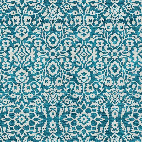 Teal Blue And Ivory Damask Washable Indoor Outdoor Area Rug Photo 5