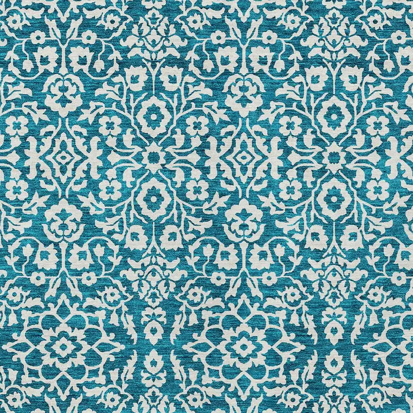Teal Blue And Ivory Damask Washable Indoor Outdoor Area Rug Photo 5