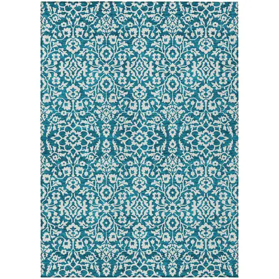 Teal Blue And Ivory Damask Washable Indoor Outdoor Area Rug Photo 2