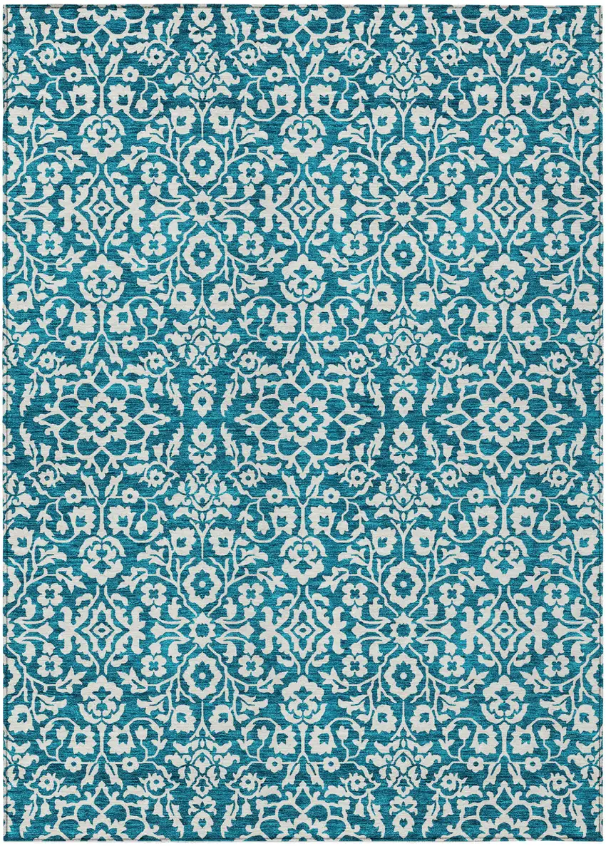 Teal Blue And Ivory Damask Washable Indoor Outdoor Area Rug Photo 2