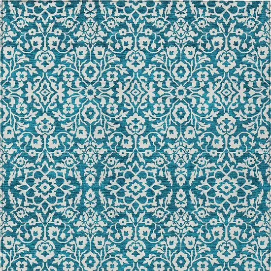 Teal Blue And Ivory Damask Washable Indoor Outdoor Area Rug Photo 5
