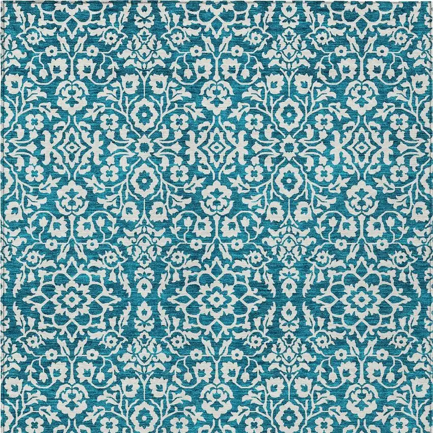 Teal Blue And Ivory Damask Washable Indoor Outdoor Area Rug Photo 5