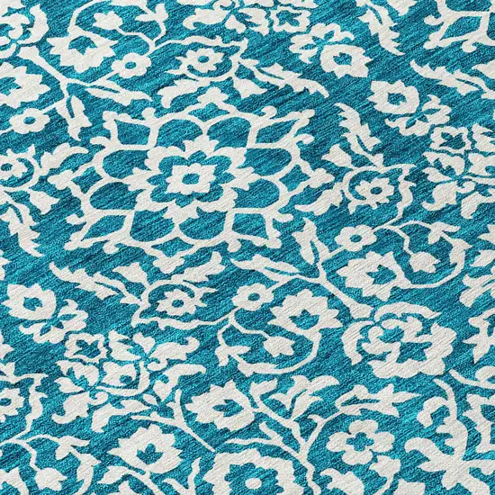 Teal Blue And Ivory Damask Washable Indoor Outdoor Area Rug Photo 7