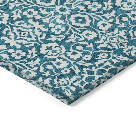 Teal Blue And Ivory Damask Washable Indoor Outdoor Area Rug Photo 3