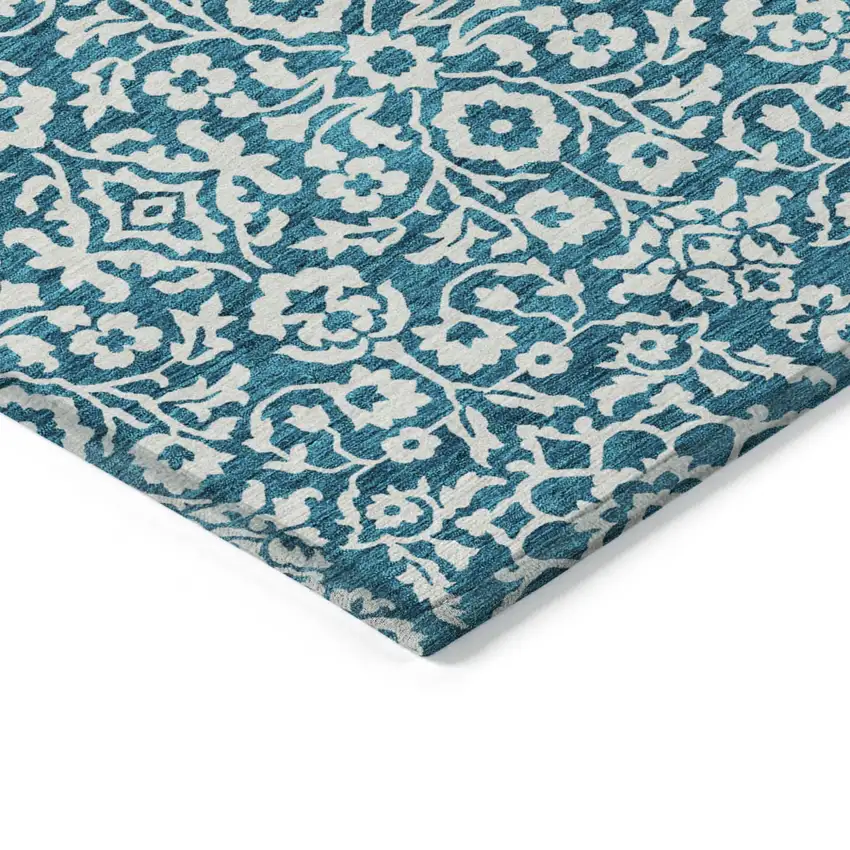 Teal Blue And Ivory Damask Washable Indoor Outdoor Area Rug Photo 3