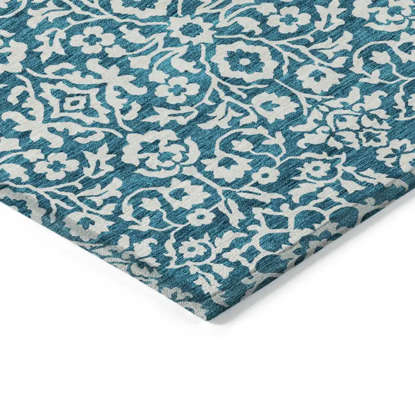 Teal Blue And Ivory Damask Washable Indoor Outdoor Area Rug Photo 4