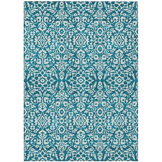 Teal Blue And Ivory Damask Washable Indoor Outdoor Area Rug Photo 2