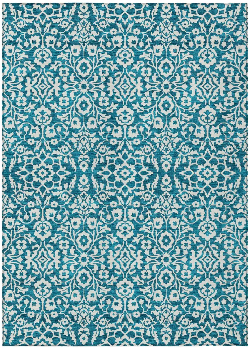 Teal Blue And Ivory Damask Washable Indoor Outdoor Area Rug Photo 2
