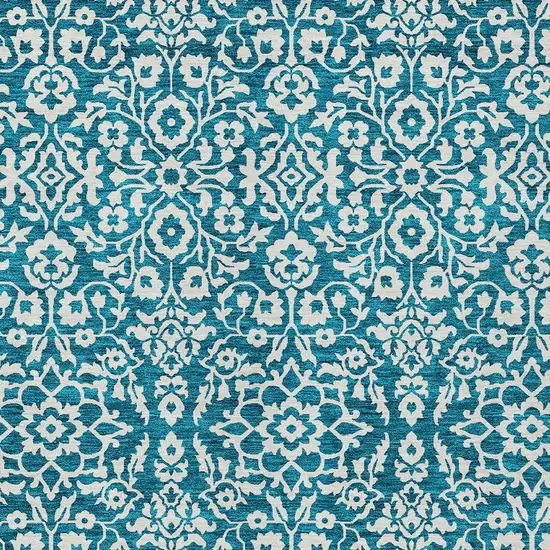 Teal Blue And Ivory Damask Washable Indoor Outdoor Area Rug Photo 5