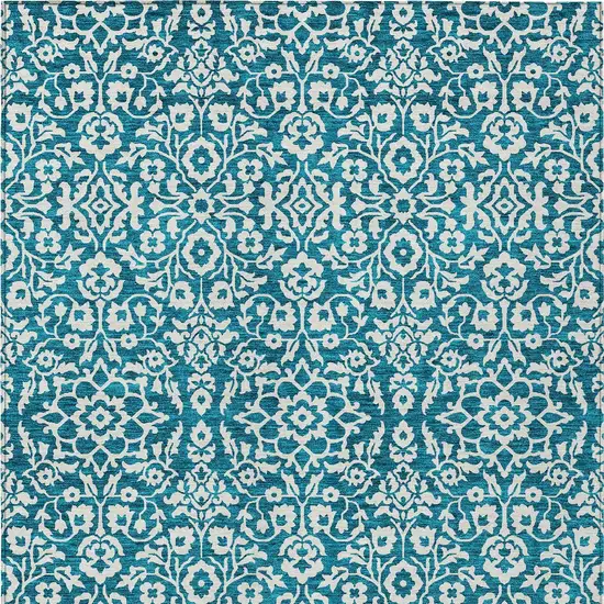 Teal Blue And Ivory Damask Washable Indoor Outdoor Area Rug Photo 6