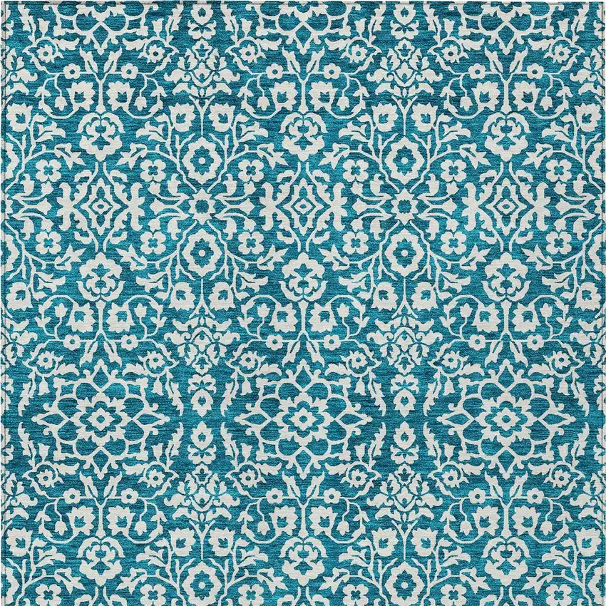 Teal Blue And Ivory Damask Washable Indoor Outdoor Area Rug Photo 6