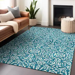 Photo of Teal Blue And Ivory Damask Washable Indoor Outdoor Area Rug