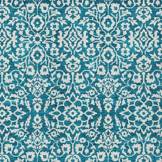 Teal Blue And Ivory Damask Washable Indoor Outdoor Area Rug Photo 5