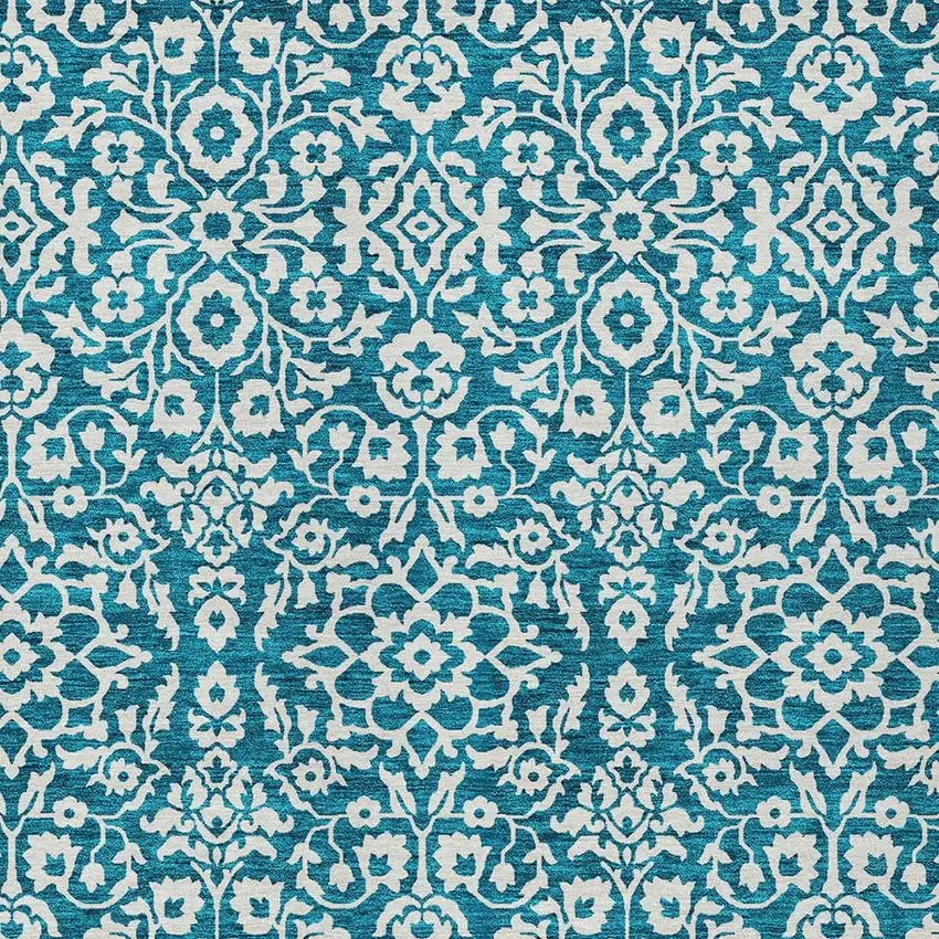 Teal Blue And Ivory Damask Washable Indoor Outdoor Area Rug Photo 5
