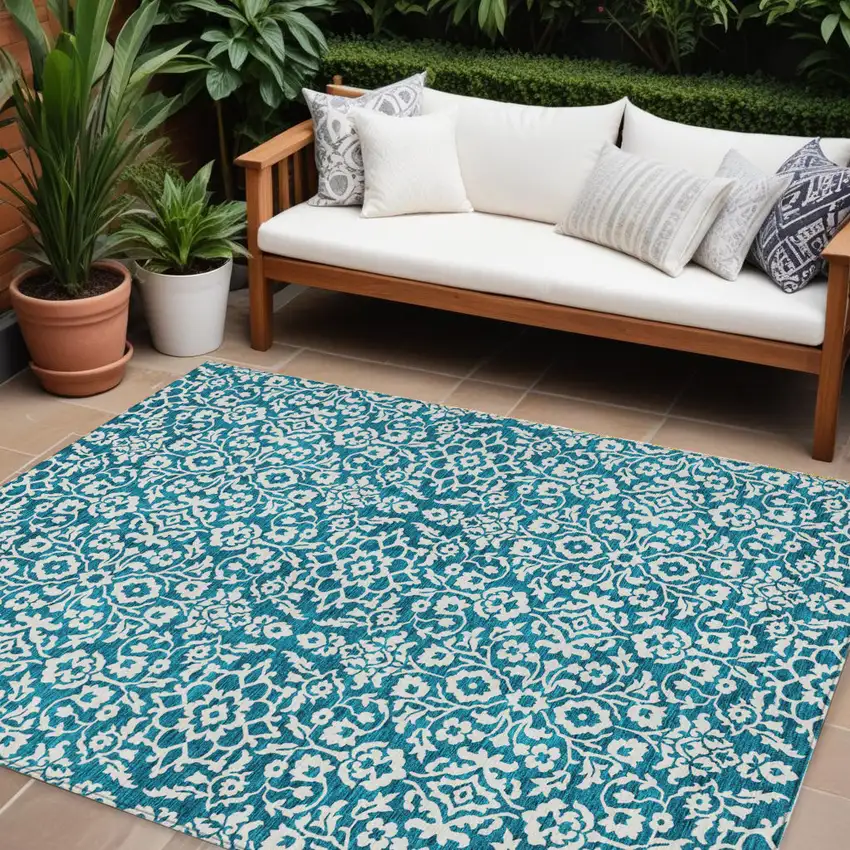 Teal Blue And Ivory Damask Washable Indoor Outdoor Area Rug Photo 1