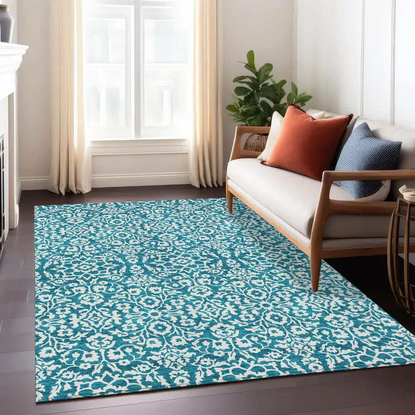 Teal Blue And Ivory Damask Washable Indoor Outdoor Area Rug Photo 9