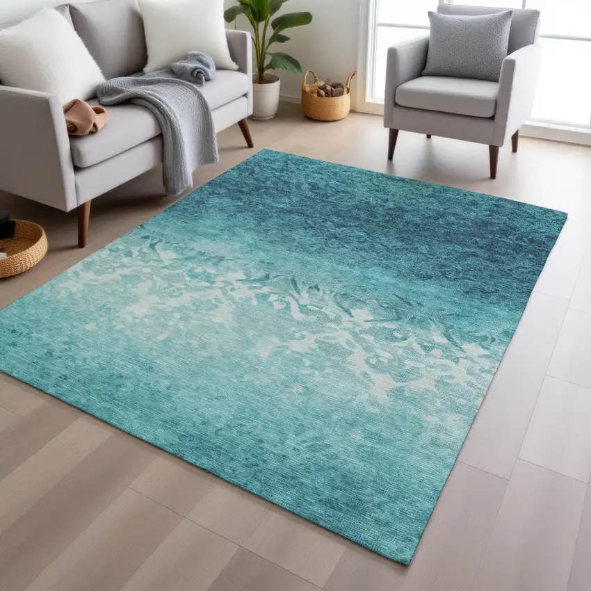 Teal Blue And Ivory Damask Washable Indoor Outdoor Area Rug Photo 5