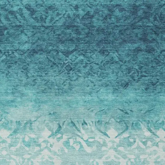 Teal Blue And Ivory Damask Washable Indoor Outdoor Area Rug Photo 1
