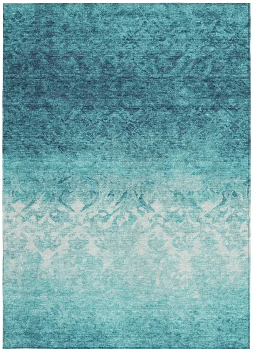 Teal Blue And Ivory Damask Washable Indoor Outdoor Area Rug Photo 9
