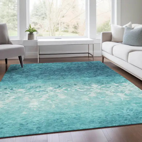 Teal Blue And Ivory Damask Washable Indoor Outdoor Area Rug Photo 6
