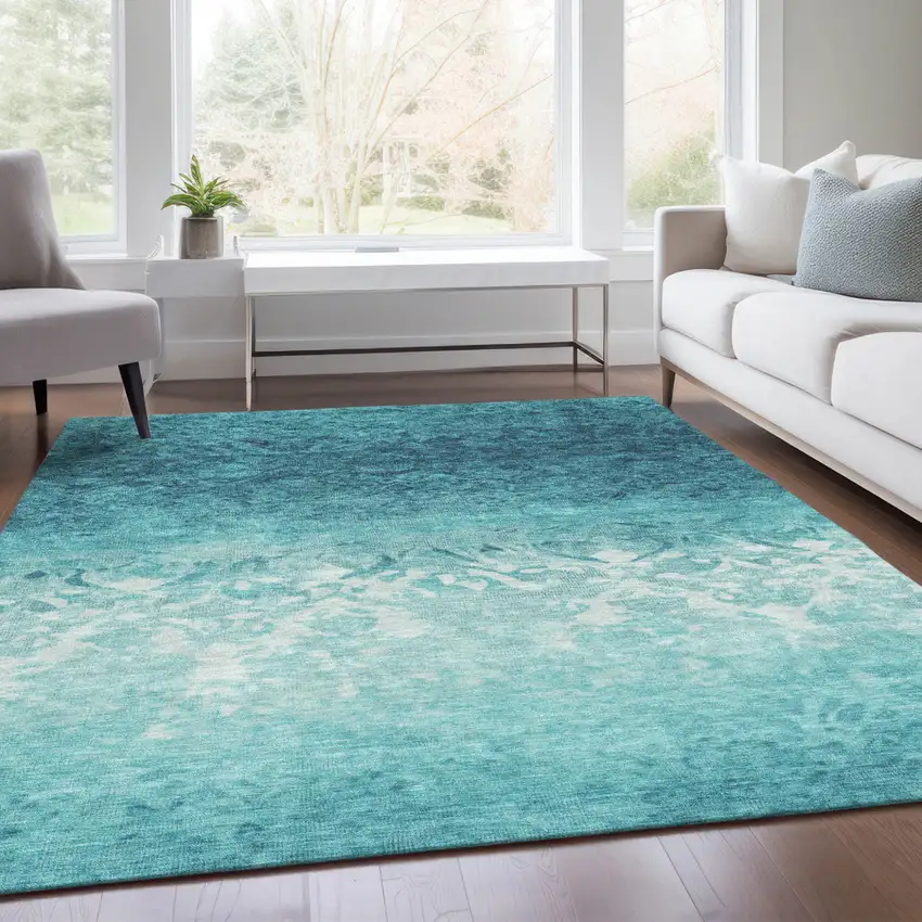 Teal Blue And Ivory Damask Washable Indoor Outdoor Area Rug Photo 6