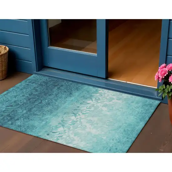 Teal Blue And Ivory Damask Washable Indoor Outdoor Area Rug Photo 2