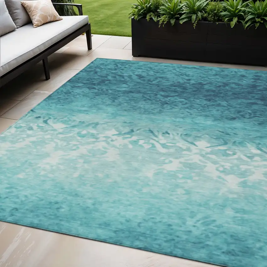 Teal Blue And Ivory Damask Washable Indoor Outdoor Area Rug Photo 2