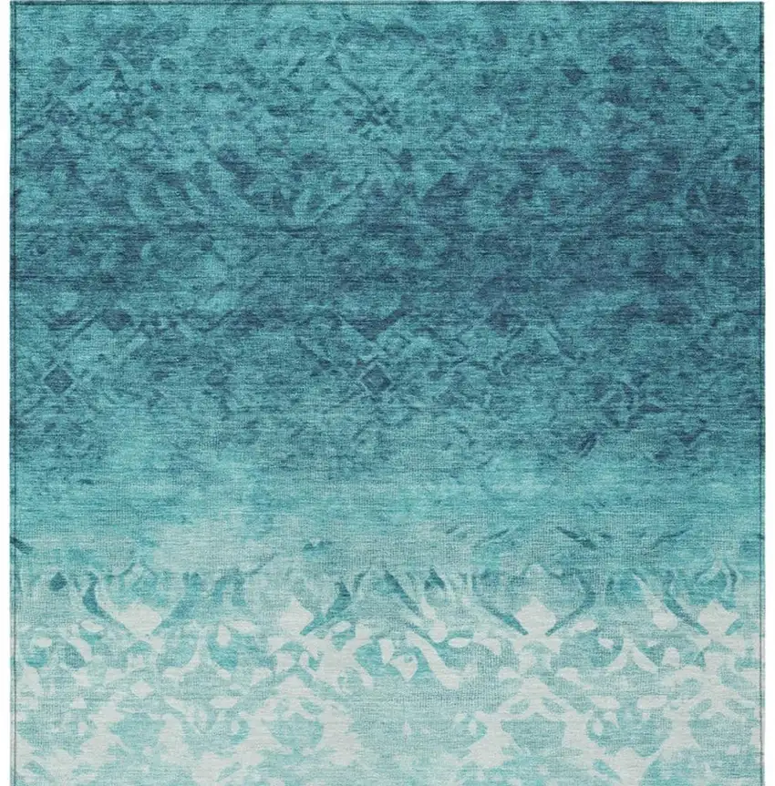 Teal Blue And Ivory Damask Washable Indoor Outdoor Area Rug Photo 1