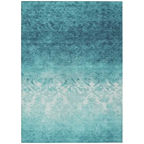 Teal Blue And Ivory Damask Washable Indoor Outdoor Area Rug Photo 8