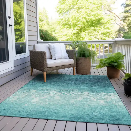 Teal Blue And Ivory Damask Washable Indoor Outdoor Area Rug Photo 7