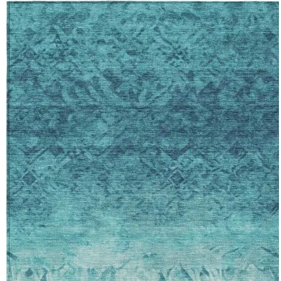 Teal Blue And Ivory Damask Washable Indoor Outdoor Area Rug Photo 1