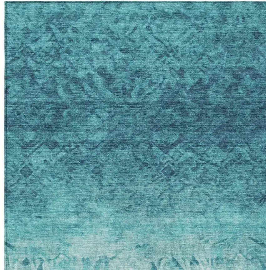 Teal Blue And Ivory Damask Washable Indoor Outdoor Area Rug Photo 1