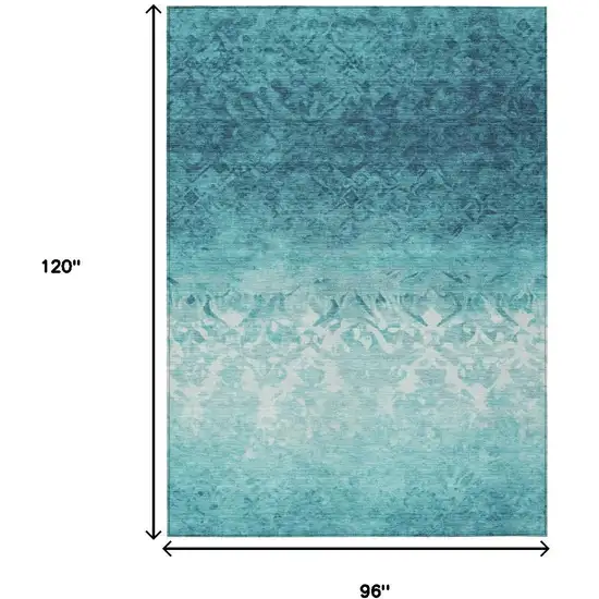 Teal Blue And Ivory Damask Washable Indoor Outdoor Area Rug Photo 9