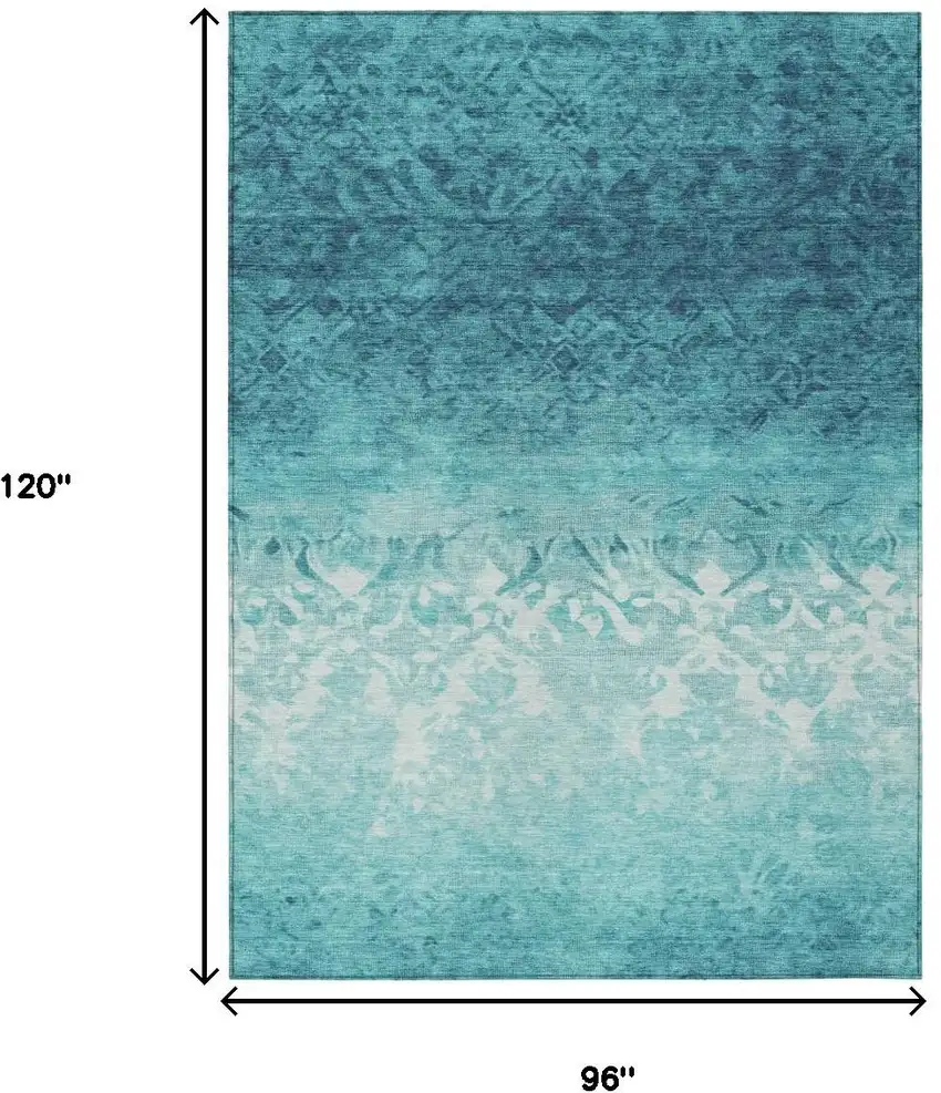 Teal Blue And Ivory Damask Washable Indoor Outdoor Area Rug Photo 9