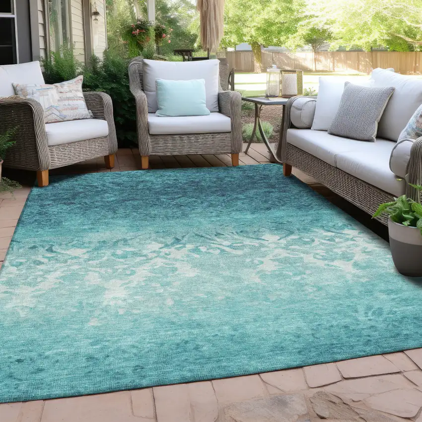 Teal Blue And Ivory Damask Washable Indoor Outdoor Area Rug Photo 4