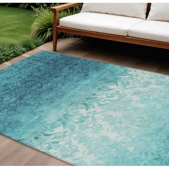 Teal Blue And Ivory Damask Washable Indoor Outdoor Area Rug Photo 1