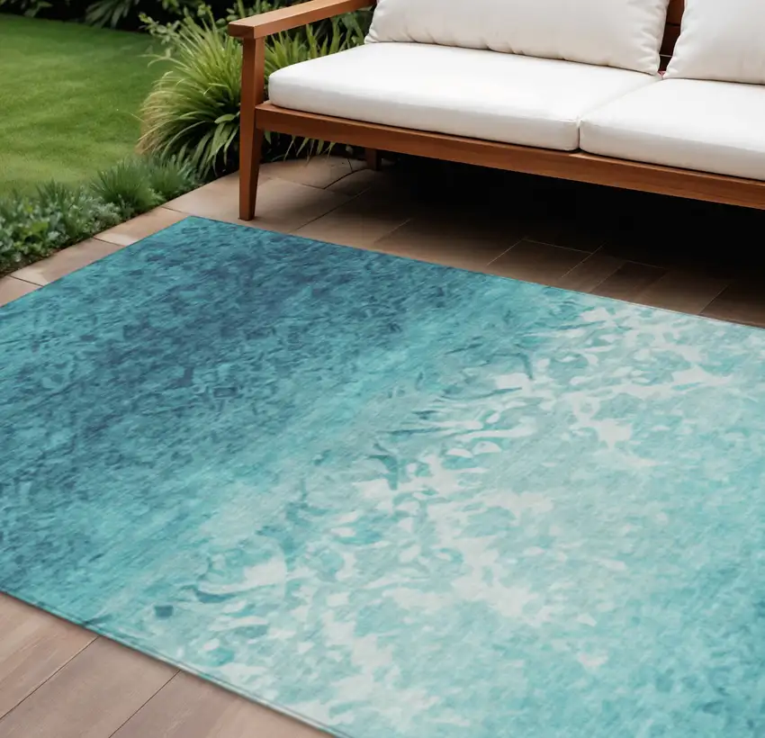 Teal Blue And Ivory Damask Washable Indoor Outdoor Area Rug Photo 1
