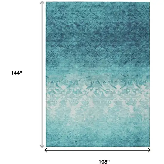 Teal Blue And Ivory Damask Washable Indoor Outdoor Area Rug Photo 9