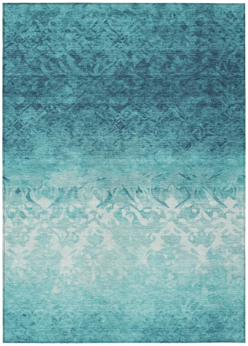 Teal Blue And Ivory Damask Washable Indoor Outdoor Area Rug Photo 4