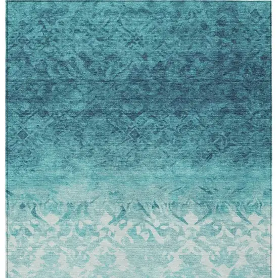 Teal Blue And Ivory Damask Washable Indoor Outdoor Area Rug Photo 5